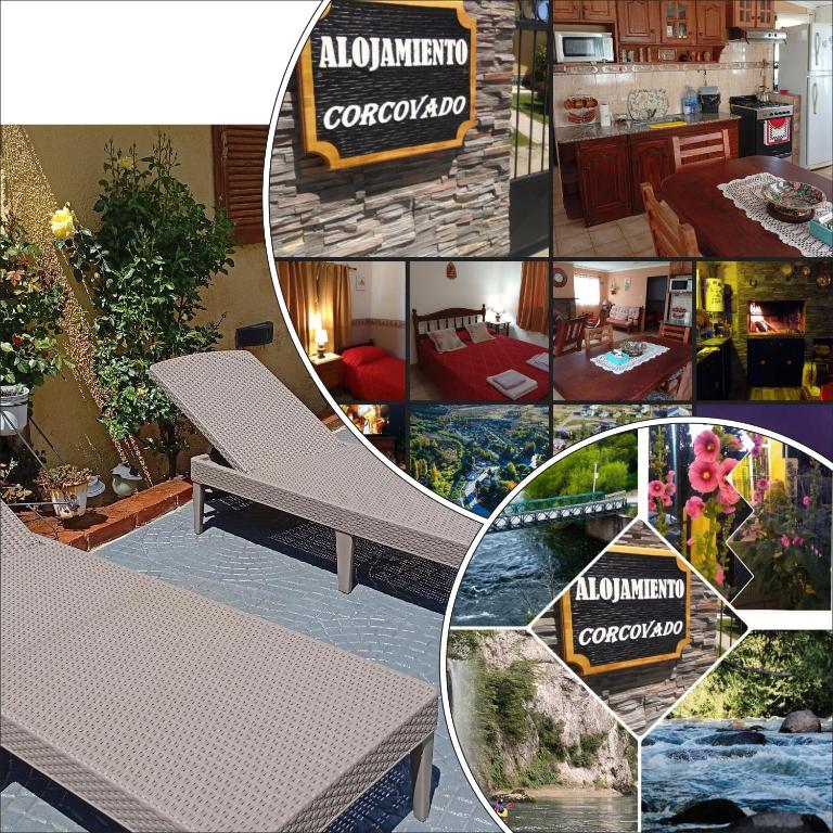 a collage of photos with a bench in a room at Alojamiento Corcovado in El Corcovado