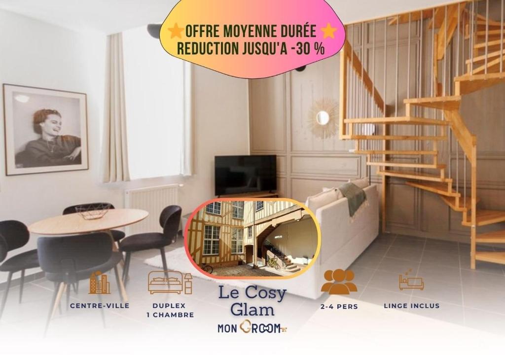 トロワにあるDuplex Cosy Glam au Centre-Ville secteur piéton * WiFi * Calmeの階段のあるリビングルームの図