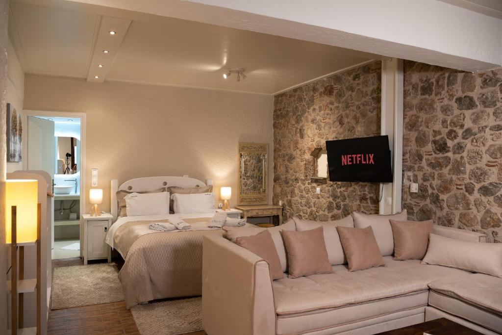 a bedroom with a couch and a bed and a tv at Ampolis Guest House in Arachova