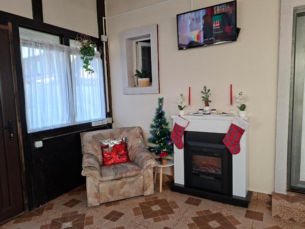 un salon avec un sapin de Noël et une chaise dans l'établissement Căsuța Piatra Craiului, à Zărneşti