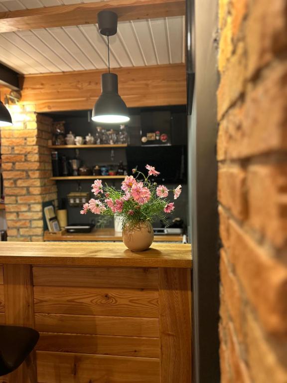 a vase of flowers on a counter in a kitchen at MūsMājas in Talsi