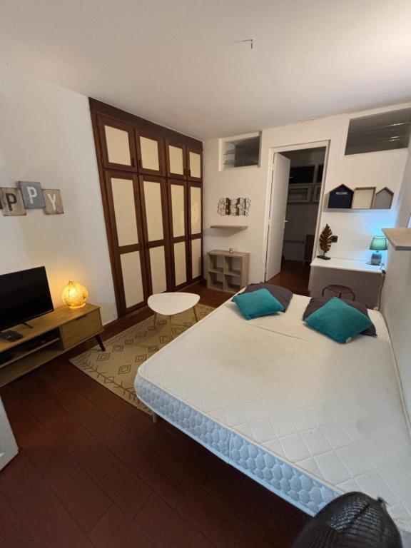 Ένα ή περισσότερα κρεβάτια σε δωμάτιο στο Studio cosy au pied de la Soufrière