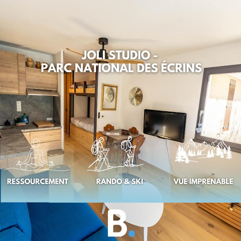a rendering of a living room and dining room at Studio à Vallouise-Pelvoux - Puy Saint Vincent, nature, rando et ski in Vallouise