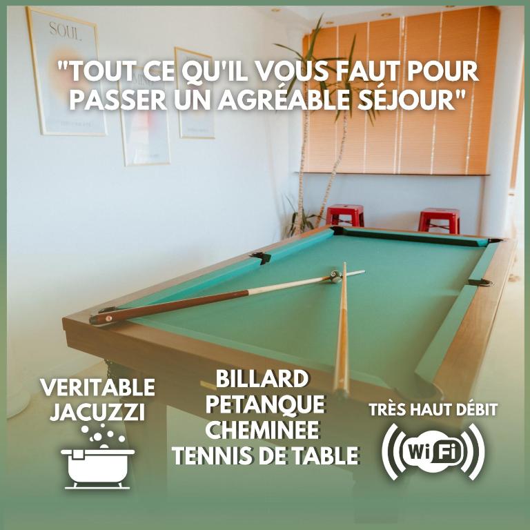 a pool table in a room with the words tour get out your permit pour passenger at VillaNonna, jacuzzi, billards, pétanque, ping-pong, 12 couchages, terrasse plein soleil - Larès in Saint Remy sur Orne