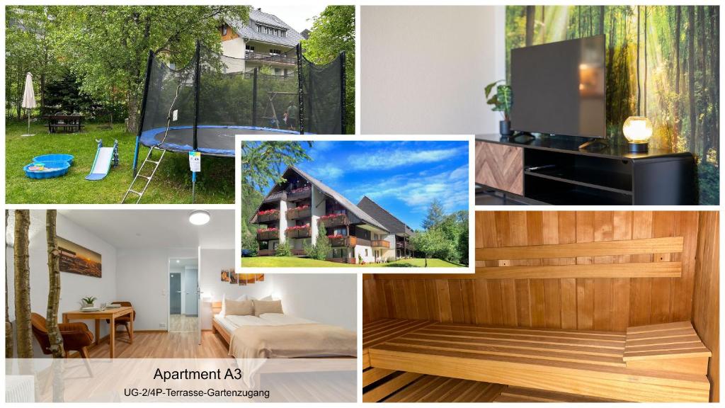 a collage of pictures of a house with a tv at Ferienhaus Albmatte-Naturidyll am Fluss-Novemberaktion-Sauna inklusive in St. Blasien