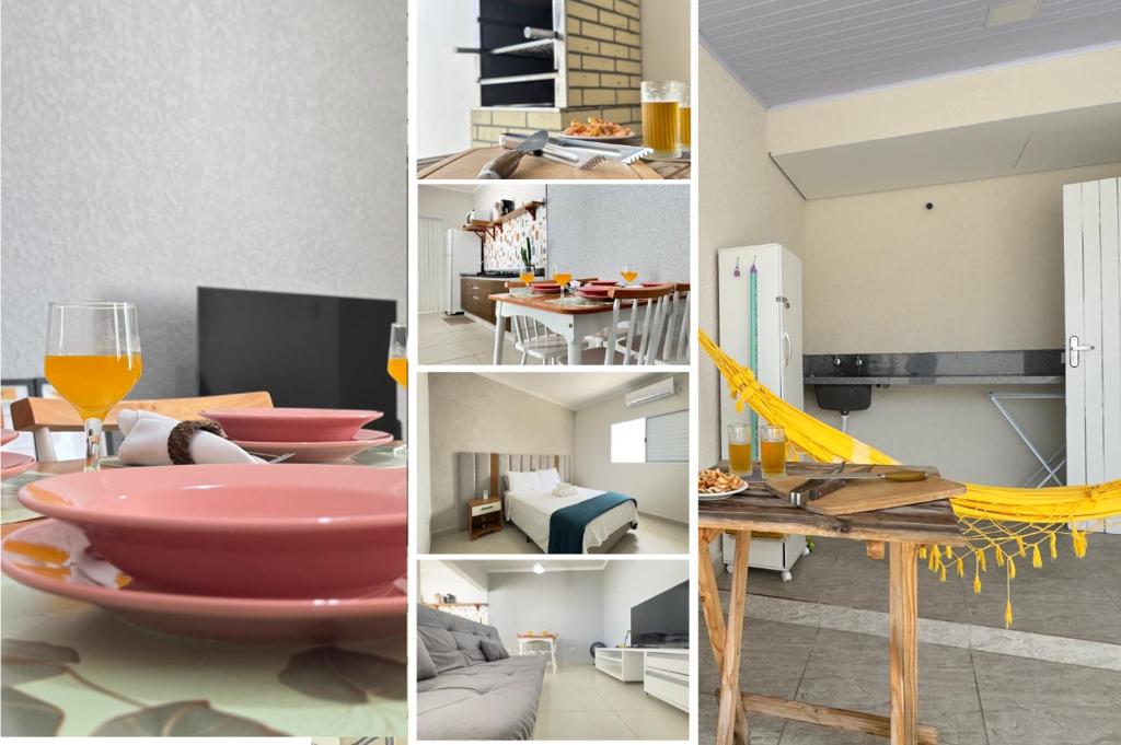a collage of pictures of a kitchen and a living room at Cantinho Perfeito para Dois Conforto e Mar Bem Pertinho, Casa terrea no centro 80M Praia, Ar, Enxoval,Estacionamento e churrasqueira in Itanhaém