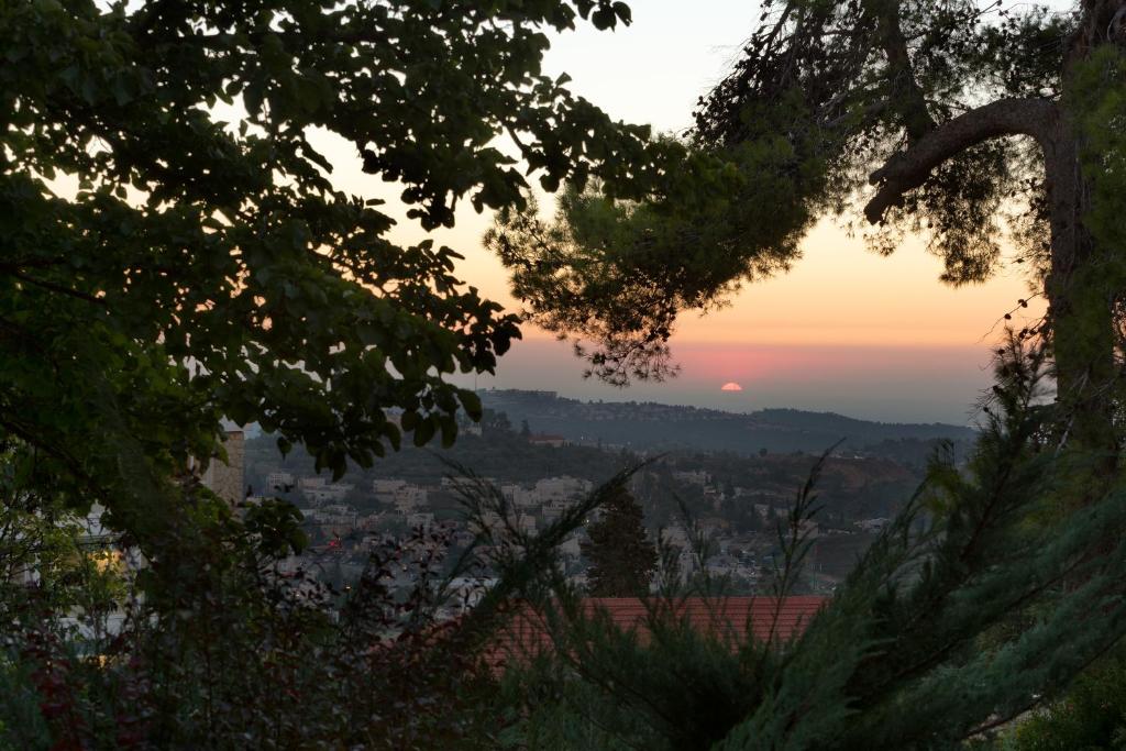 um pôr-do-sol visto através das folhas das árvores em Ye'arim Hotel em Ma'ale HaHamisha