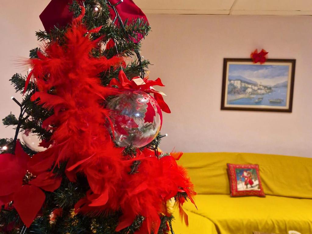 a christmas tree is decorated with red decorations at La casetta di Flo in Montecosaro