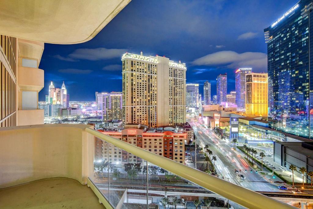 a view of a city skyline at night at Vintage Lair STUDIO Balcony F1 SPHERE VIEW Tower 3 in Las Vegas