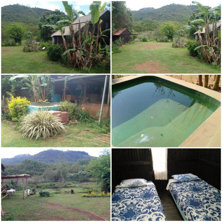 a collage of photos of a house and a pool at Sabie Gypsy's Backpackers in Sabie