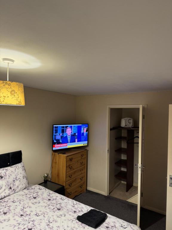 a bedroom with a bed and a flat screen tv at Large double walking distance to NewCross Hospital in Fallings Park
