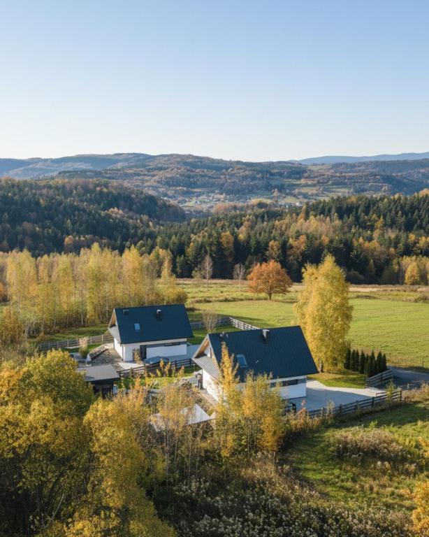 an aerial view of a farm with houses at Beskidzki Reset in Budzów
