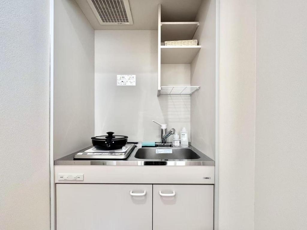 Ikeda Ueno 401 Quad room في طوكيو: مطبخ صغير مع حوض وموقد