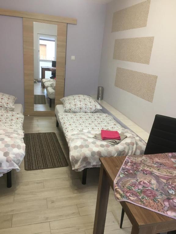 a room with two beds and a mirror at Pokoje przy strumyczku in Krobica