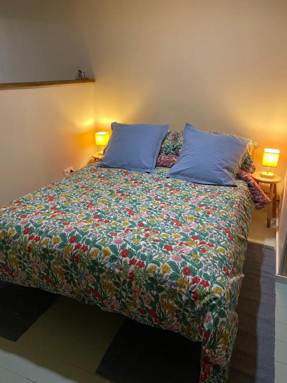 a bed with a colorful blanket and two pillows at La Criberie in Saint-Ellier-du-Maine