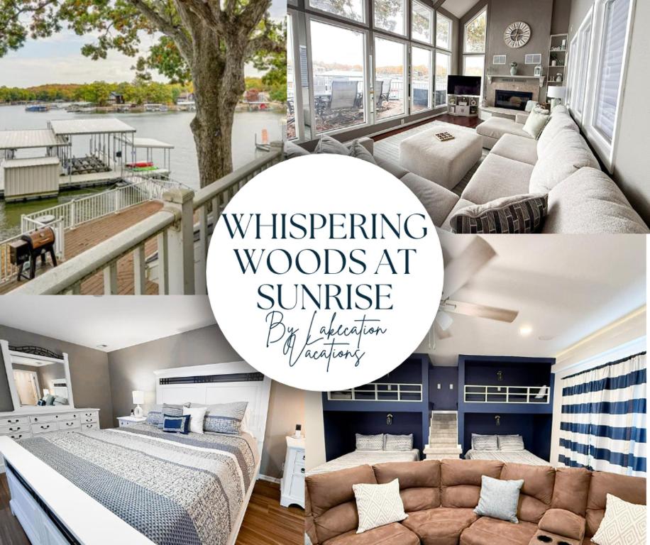 a collage of photos of a living room with furniture at Lakefront Home 5BD3BA DockGrillsDeckKayaks-16 in Sunrise Beach