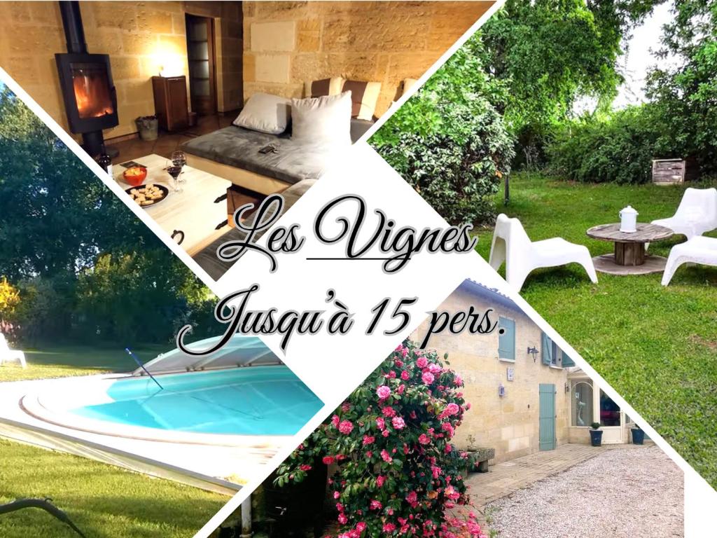 eine Collage von Bildern eines Hinterhofs mit Pool in der Unterkunft Les Vignes in Saint-Magne-de-Castillon