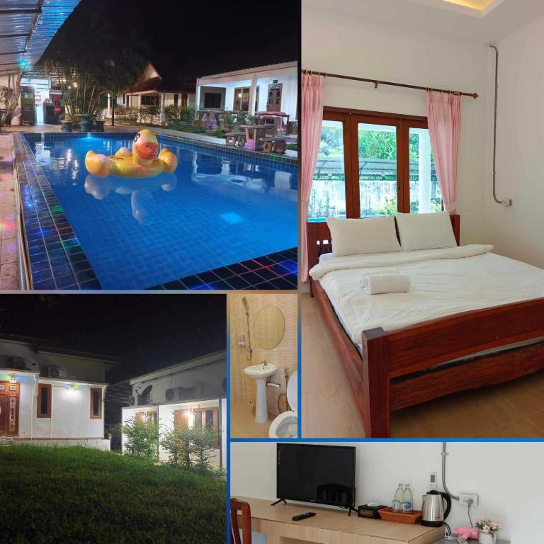 a collage of pictures of a bedroom and a swimming pool at Pai Family Resort in Pai