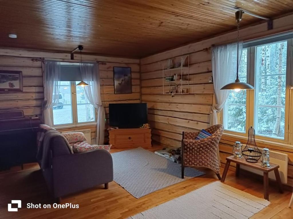 un soggiorno con un divano e una TV di Hirsimökki 