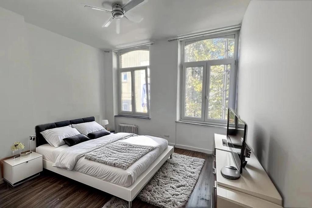a white bedroom with a bed and two windows at Rive Gauche F centre - gare - aéroport in Charleroi