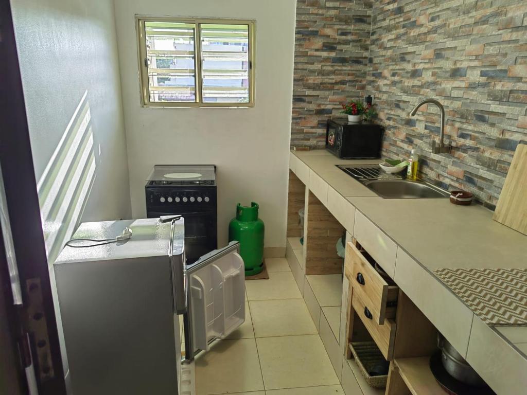 Il comprend une petite cuisine équipée d'un évier et d'un lave-vaisselle. dans l'établissement Magnifique Appartement 2 chambres Salon, à Cotonou