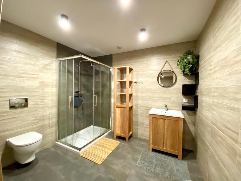 a bathroom with a shower and a toilet and a sink at Istebna Pełna Chata I in Istebna