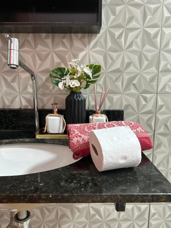a bathroom counter with a sink and a roll of toilet paper at Refúgio Dom Emanuel in Pirenópolis