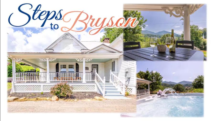 a house with a porch and a swimming pool at Steps to Bryson, walk anywhere downtown! in Bryson City