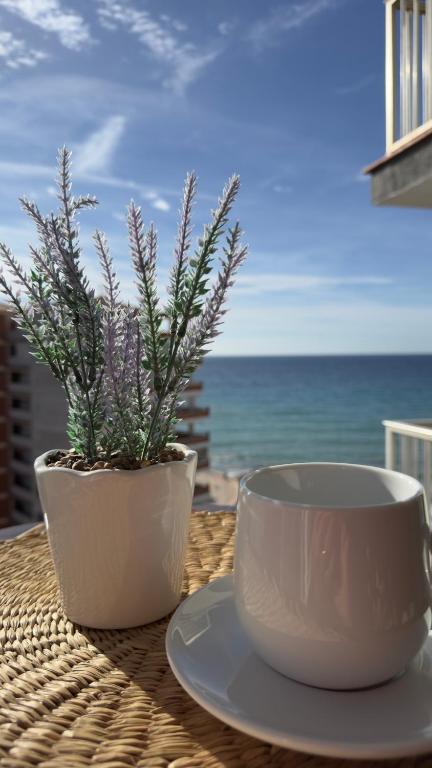a cup and a plate on a table with a view of the ocean at Atlantico Flamingo in Calpe