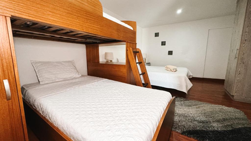 Sanchz Aqua Lounge Hotel by Chat Noir في كوينكا: غرفة نوم بسريرين بطابقين وسجادة