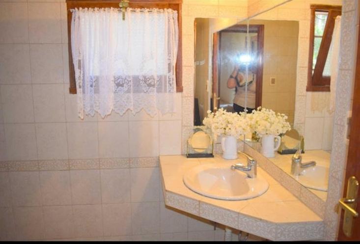 een badkamer met een wastafel, een spiegel en bloemen bij Les hirondelles in Piriápolis