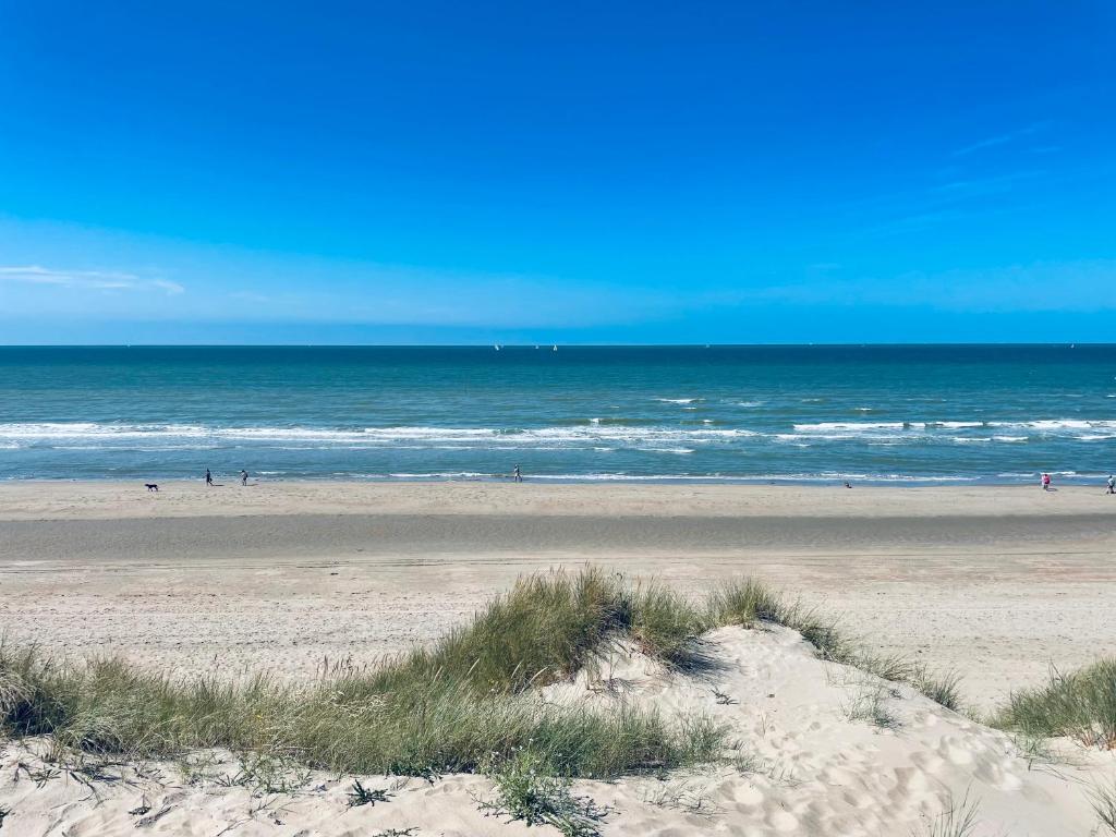 a beach with people walking on the sand and the ocean at Haus de Panne 6 bedrooms in De Panne