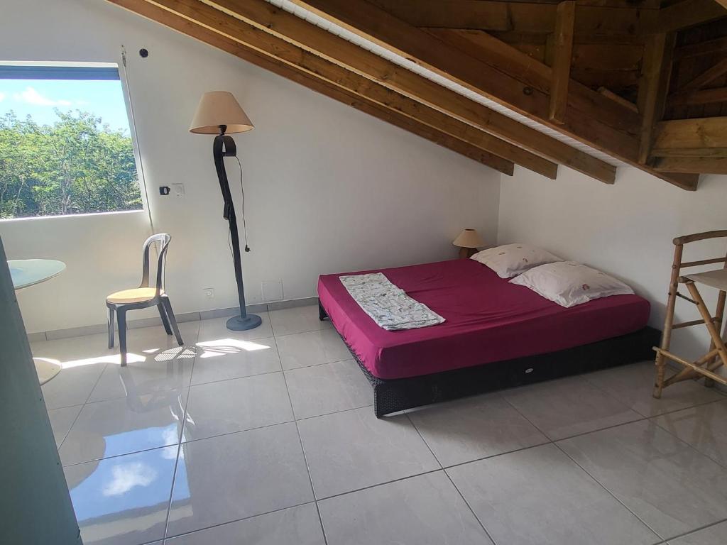 a bedroom with a bed and a lamp and a chair at Chambre indépendante calme pour femmes, en forêt, 1km plage in Deshaies