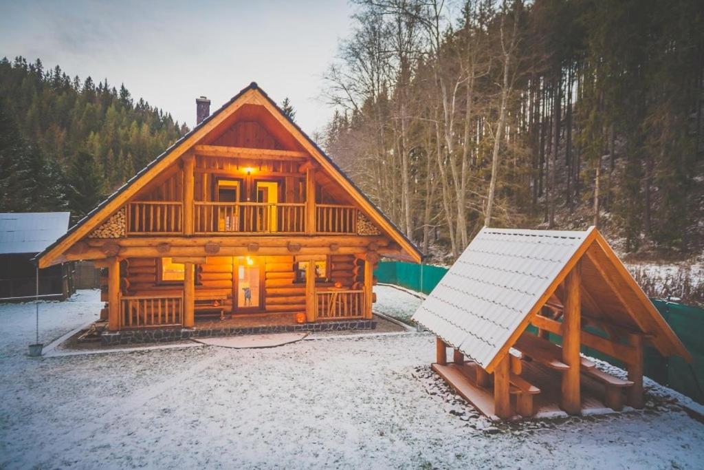 a log cabin in the snow with a white roof at Chata Lopušná dolina in Lučivná