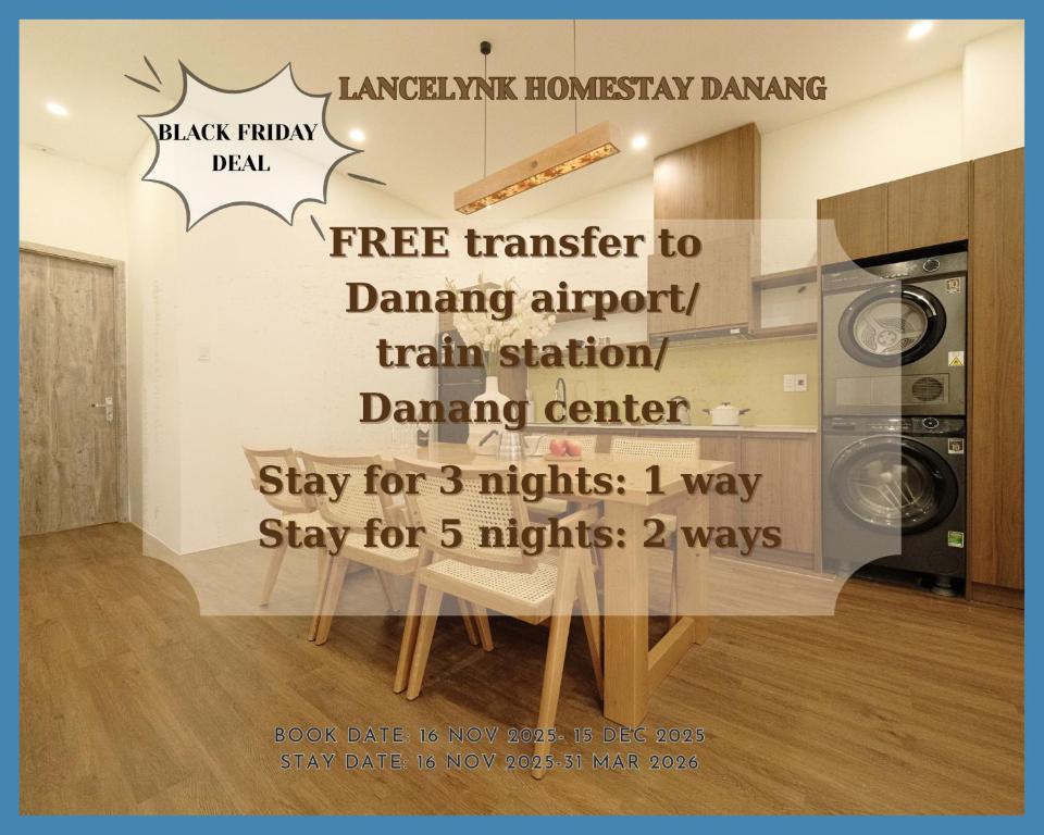 岘港Lancelynk Homestay Danang的洗衣房里挂着一块牌子，上面写着：免费接送至跳舞的机场火车站