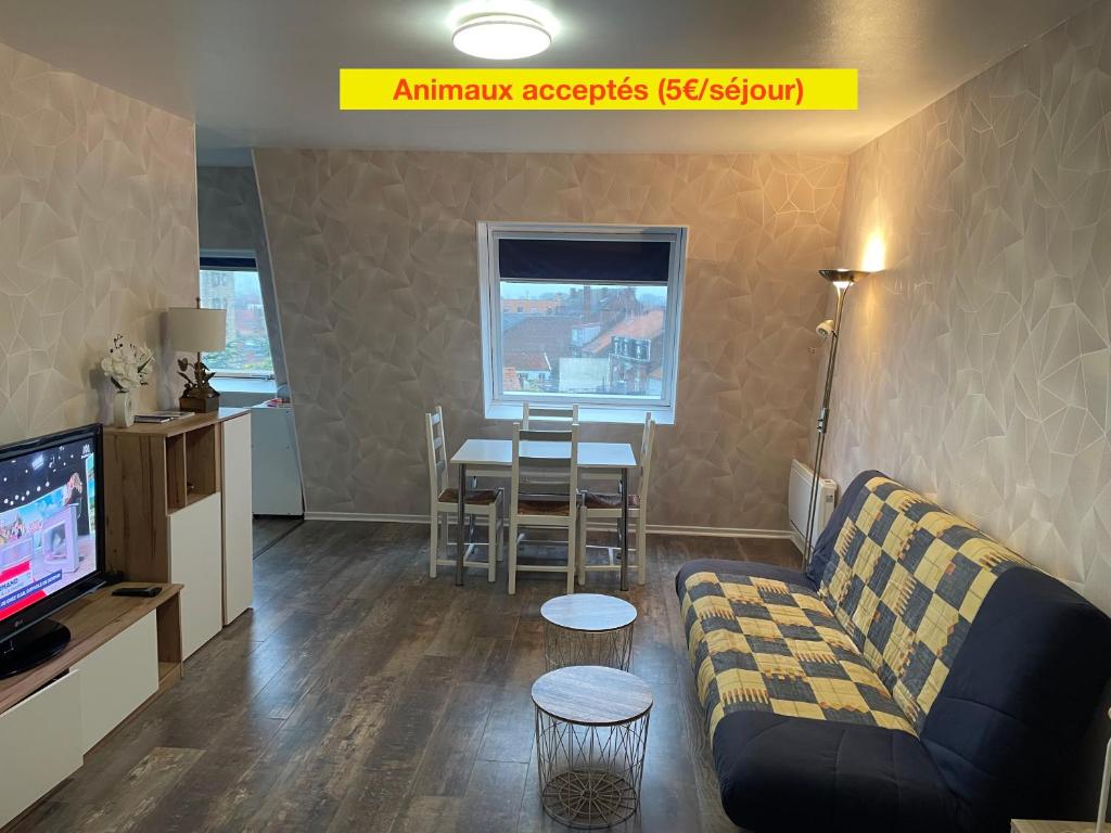 加来Grand studio Centre-ville avec ascenseur的客厅里有一张沙发和一张桌子。