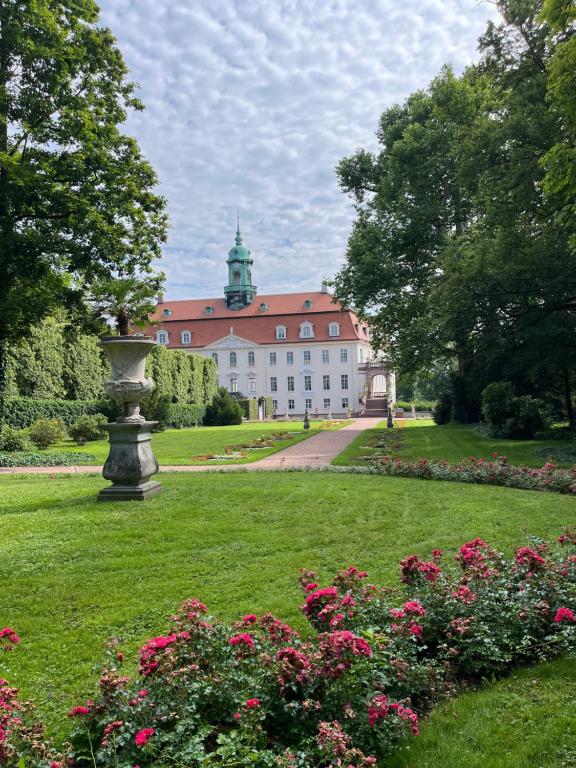 a large white building with a green yard with flowers at Gewölbekammer Lichtenwalde in Niederwiesa