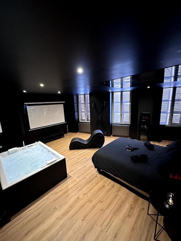 a black room with a bed and a screen at Cinquante Nuances Ponotes in Le Puy-en-Velay