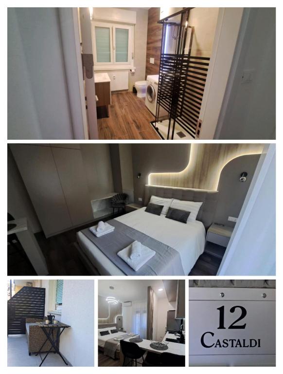 two pictures of a hotel room with a bed at Harmony in Trieste