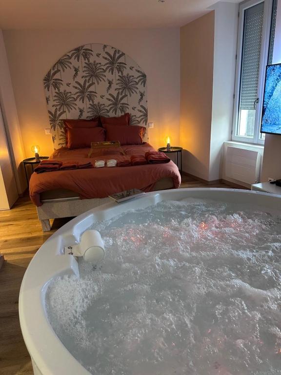a bath tub in a room with a bed at La petite suite Ponote in Le Puy-en-Velay