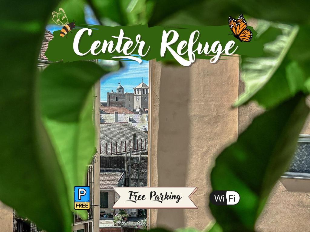 a sign that reads center refuge fire rebuilding with a butterfly at Center Refuge - Free Parking - Garden - Cruises in Savona