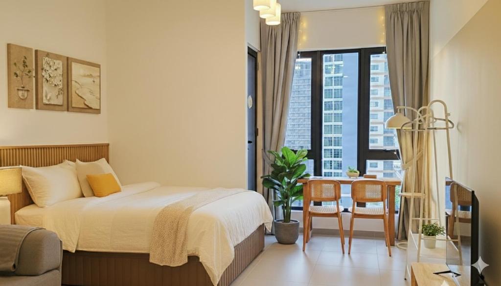 ein Schlafzimmer mit einem Bett und einem Tisch und einem Fenster in der Unterkunft New and Cozy Georgetown Studio in George Town