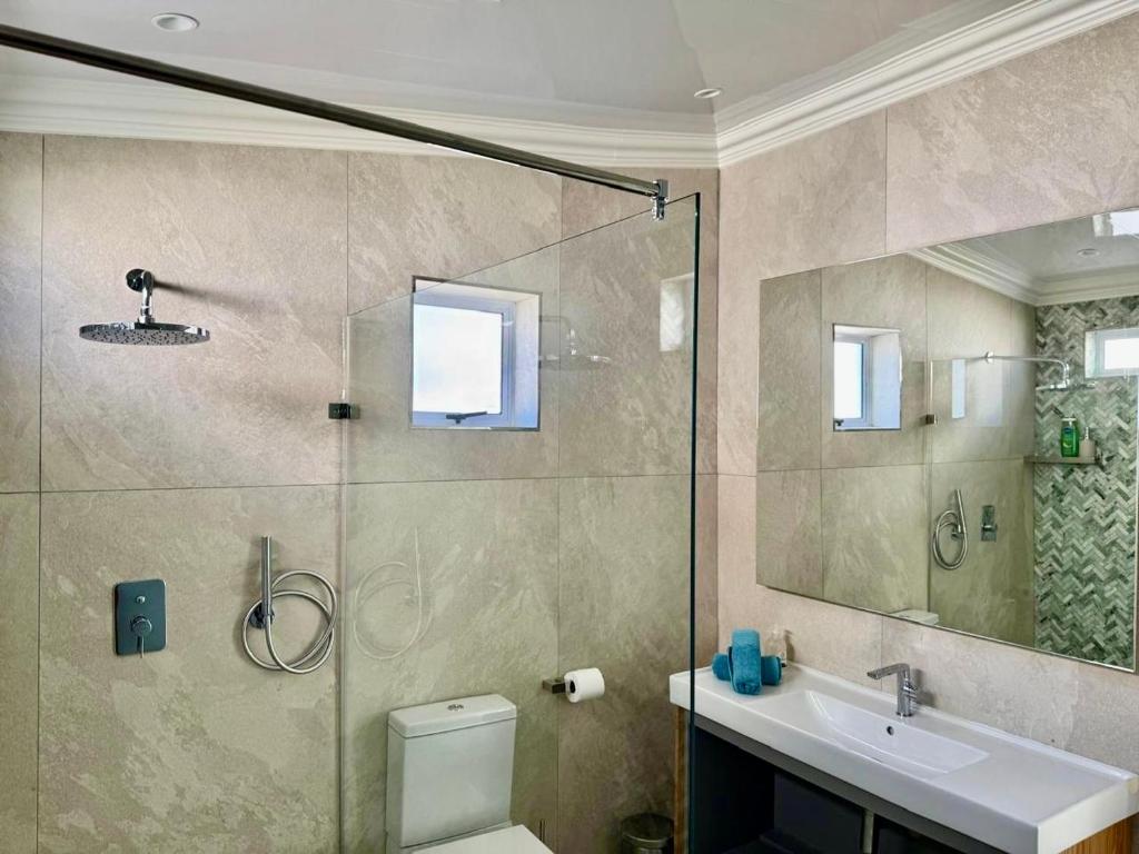 a bathroom with a shower and a toilet and a sink at Witbaai Beach House in Britannia Bay
