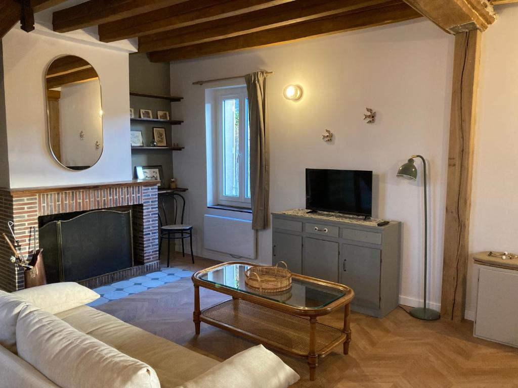 ein Wohnzimmer mit Couch und Kamin in der Unterkunft Maison avec jardin à Sully Sur Loire in Sully-sur-Loire