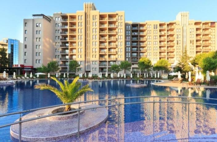 ein großer Pool mit einer Palme vor den Gebäuden in der Unterkunft Royal Beach hotel Apartment Pool Sea B in Sonnenstrand