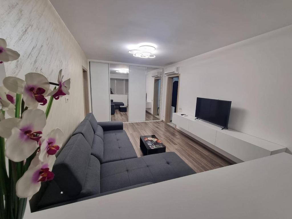 a living room with a couch and a flat screen tv at Ezzely apartment ParkLake in Bucharest