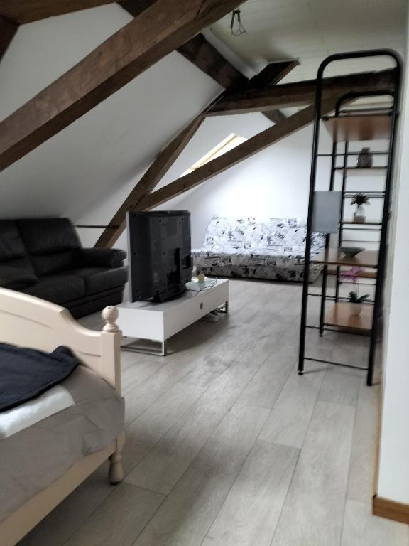 a living room with a couch and a tv at studio de l'ancienne gendarmerie in Mons