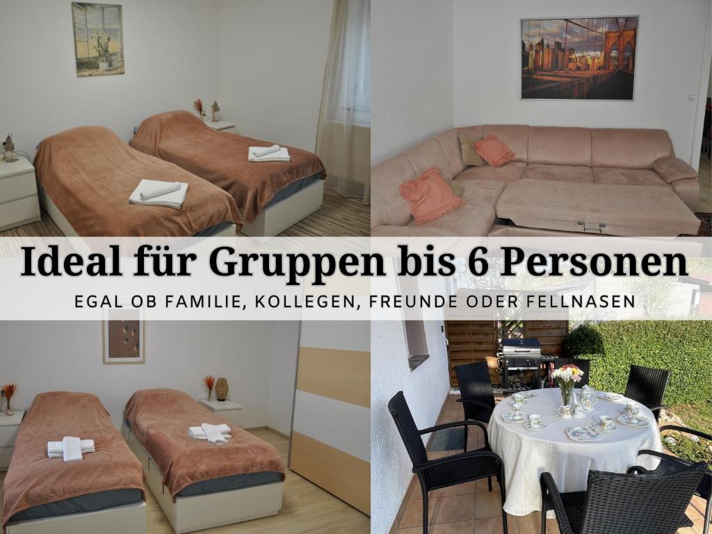 ein Schlafzimmer und ein Zimmer mit einem Bett und einem Tisch in der Unterkunft Apartment Karin - Modern ausgestattet und ideal für Gruppen bis 6 Personen und Hund, egal ob Familie, Kollegen oder Freunde, 85qm mit Terasse und eigenem Stellplatz in Riegelsberg