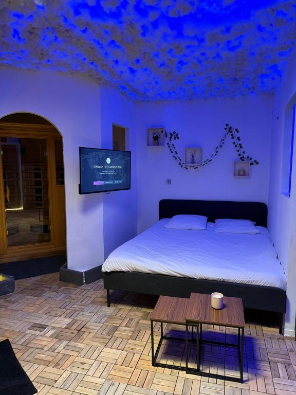 a bedroom with a bed and a table in it at Appartement avec Sauna et Grand Spa in Béziers