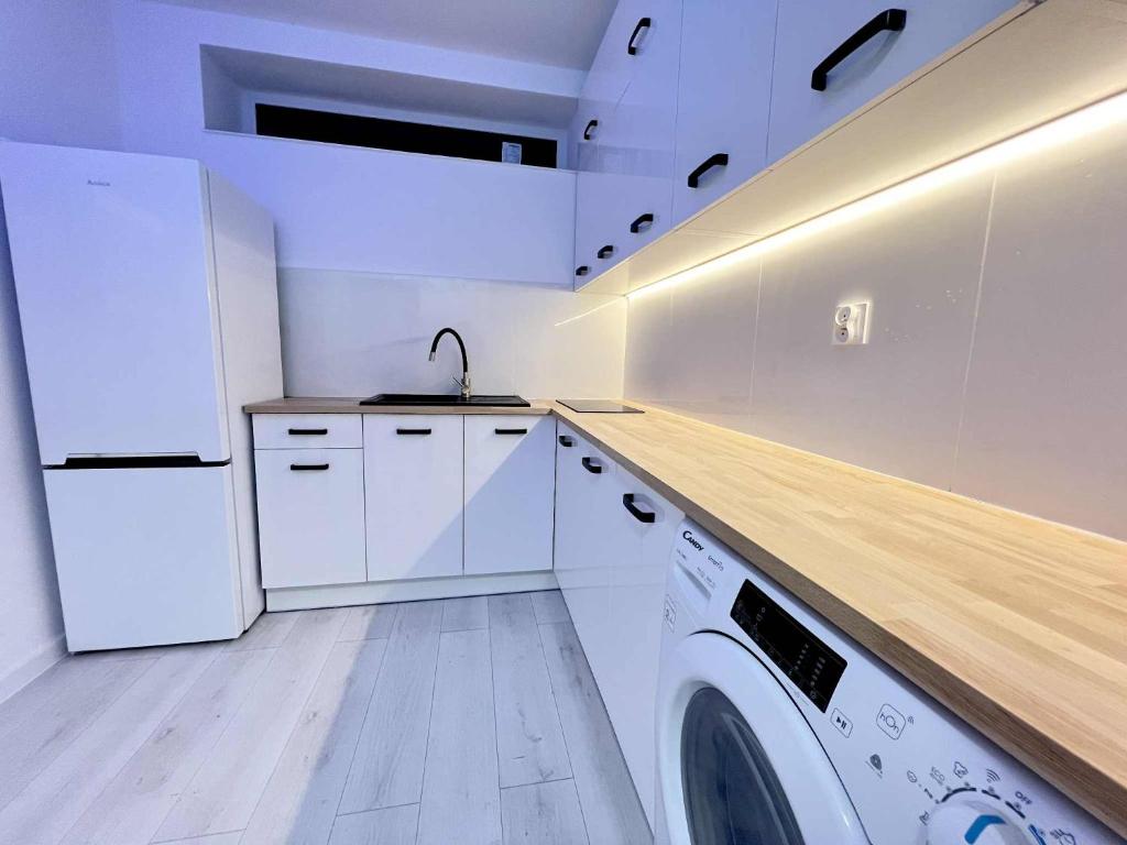 a kitchen with a washing machine and a sink at Apartament Lubicz Dolny in Lubicz